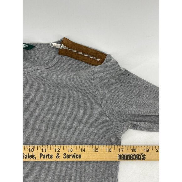 Lauren Ralph Lauren Gray Knit Top Shirt Suede Zipper Shoulders Size Large - Picture 9 of 11